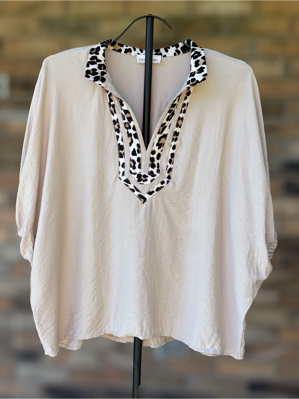 Entro Large Beige Leopard Trim Oversized Dolman Sleeve Blouse